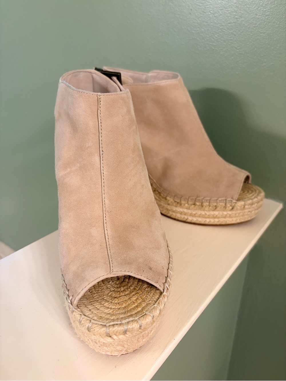 Kenneth Cole Taupe Suede Peep-Toe Espadrille Wedge Booties